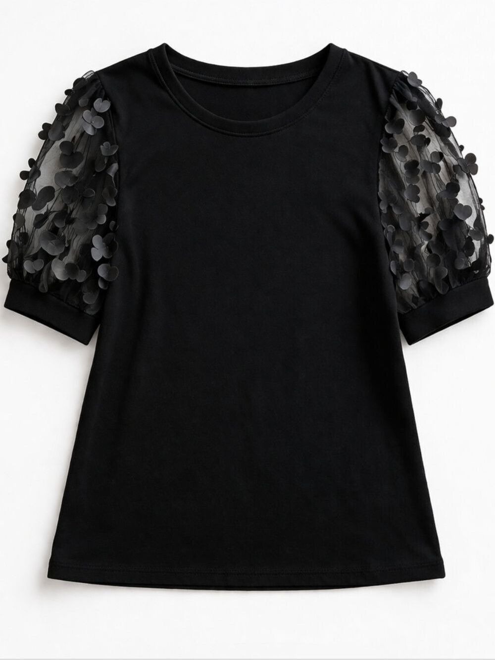 Black Floral Appliqué Sheer Statement Sleeve Top Size Medium Edgy Glam - Picture 2 of 6